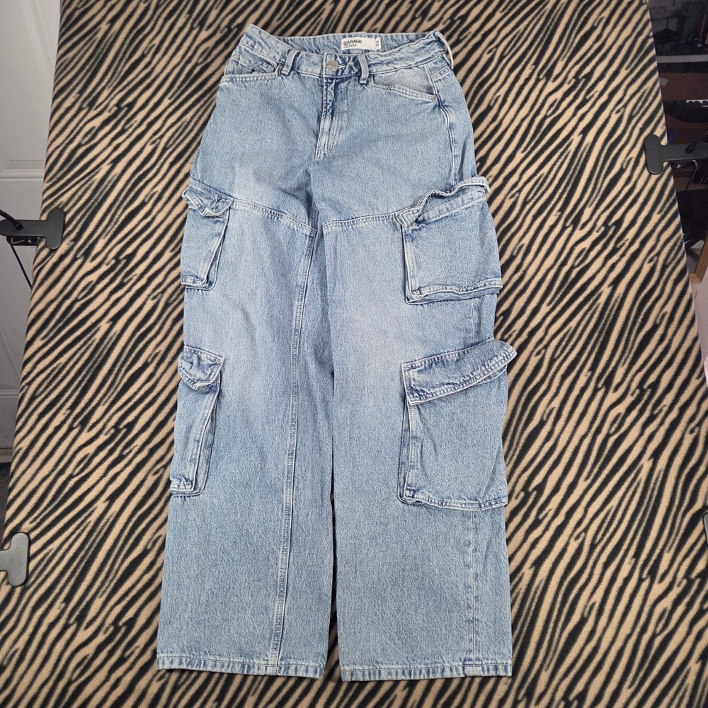 Y2K Garage Denim Cargo Jeans Light Wash Wide Leg Utility Pants Size 3 26
